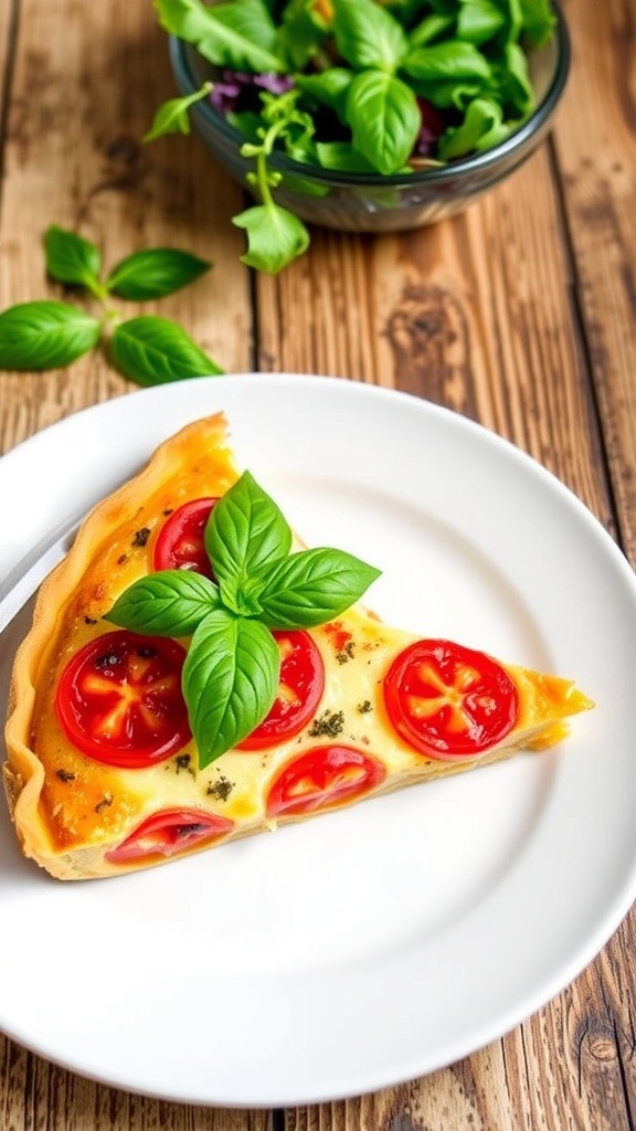 Crustless Tomato Quiche Recipe A slice of crustless tomato quiche with tomatoes and cheese, garnished with basil on a rustic table.